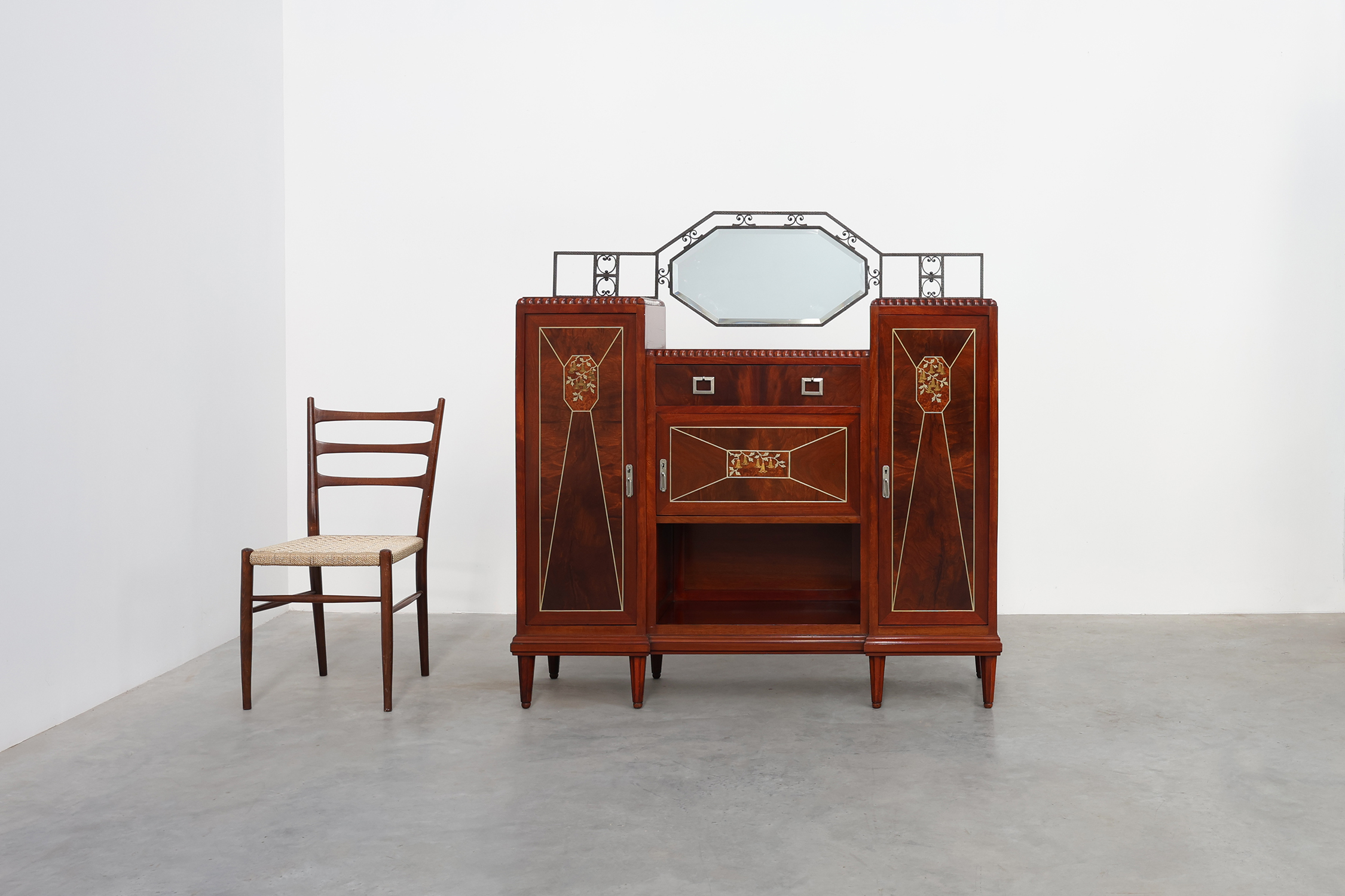 Art Deco marquetry cabinet with wrought-iron mirror crest, Belgium, ca. 1925 thumbnail